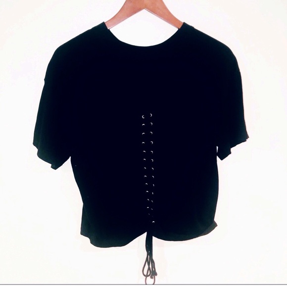 FOREVER21 NYC Graphic Band Tee Lace Up Back Black Medium Cotton Festival Boho - Picture 5 of 6